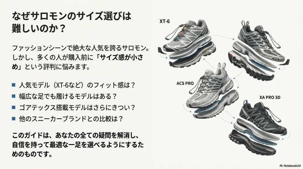 XT-6などの人気モデルのフィット感や、幅広の足、ゴアテックスモデルの悩みなど、ユーザーが抱える疑問をリストアップしたスライド