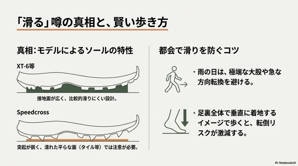 XT-6とSpeedcrossの接地面の違いと、垂直着地を意識した滑りにくい歩き方のコツ。