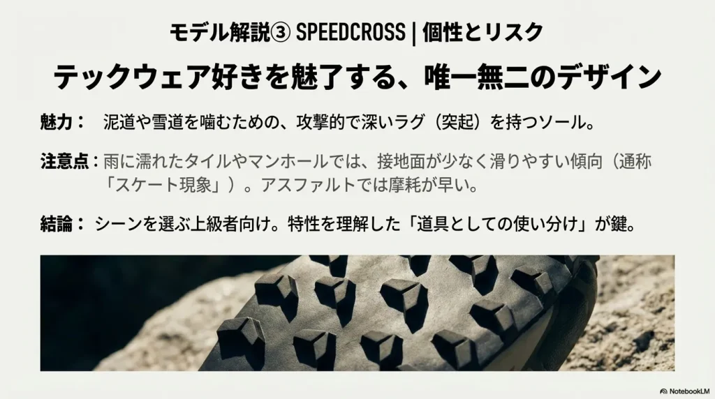 泥道を噛むための深いラグが、濡れたタイルやマンホールでは滑りやすくなる「スケート現象」を説明するスライド。