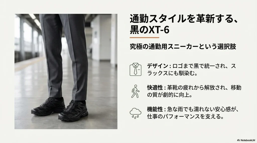 スラックスに馴染む黒のXT-6。革靴の疲れから解放され、雨の日も快適なビジネススタイルを提案するスライド。