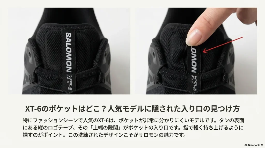 XT-6モデル特有の、ロゴテープ上端にあるポケットの入り口を指で示している写真。