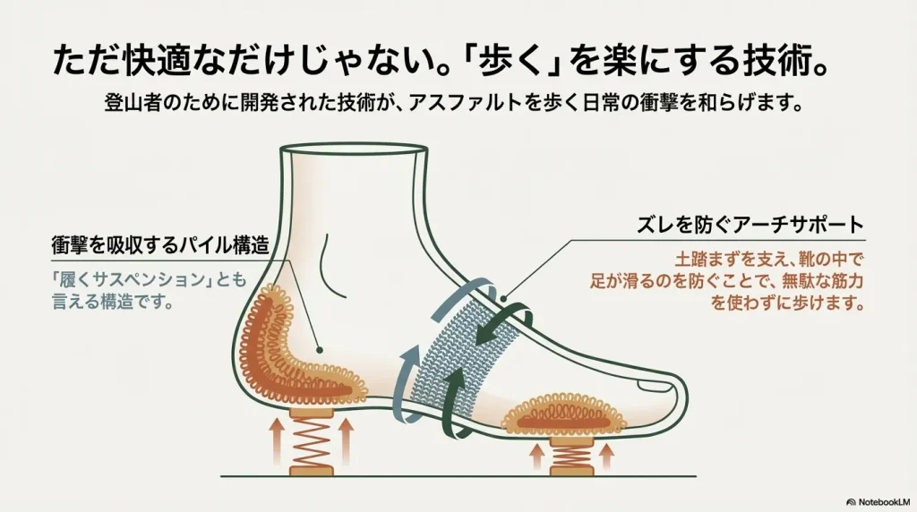 衝撃を吸収するパイル構造とズレを防ぐアーチサポートの解説