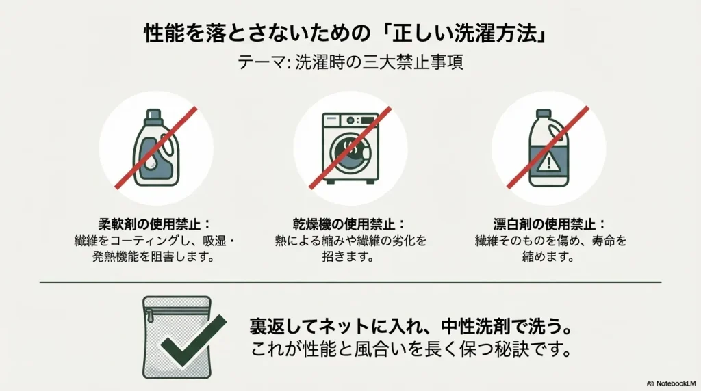 柔軟剤、乾燥機、漂白剤の使用禁止と正しい洗濯方法の解説