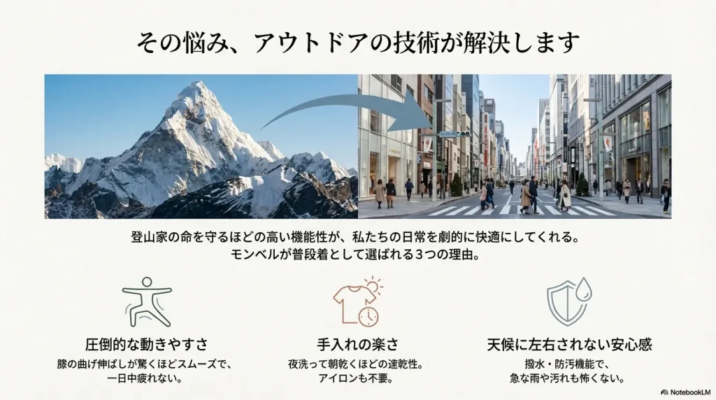 膝の抜けや急な雨、汗のベタつきといった日常の悩みを、登山の機能性（動きやすさ・手入れの楽さ・撥水性）が解決することを説明する図解