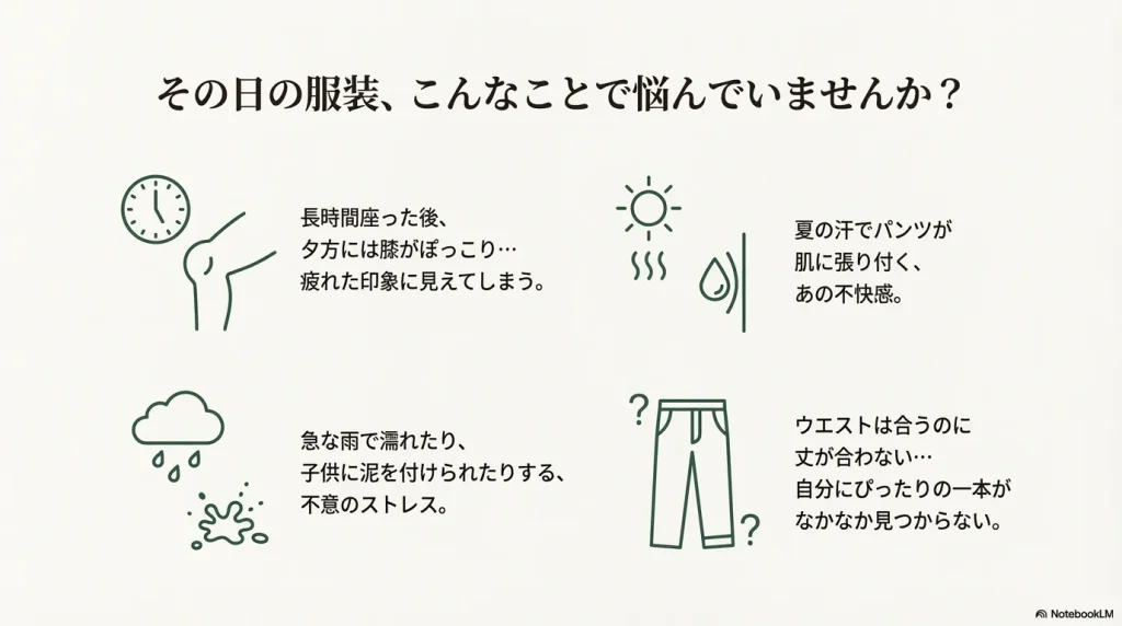 膝の抜けや急な雨、汗のベタつきといった日常の悩みを、登山の機能性（動きやすさ・手入れの楽さ・撥水性）が解決することを説明する図解