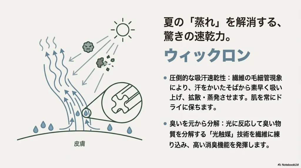 ウィックロン繊維の毛細管現象による速乾と光触媒による消臭機能の図解