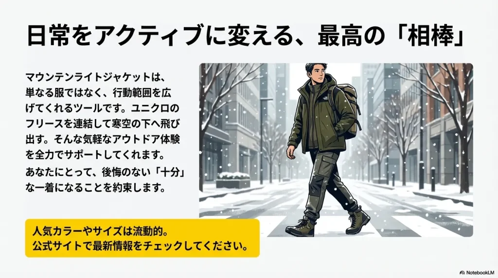 雪が降る都会の街並みを、マウンテンライトジャケットを着てアクティブに歩く男性のイラスト。