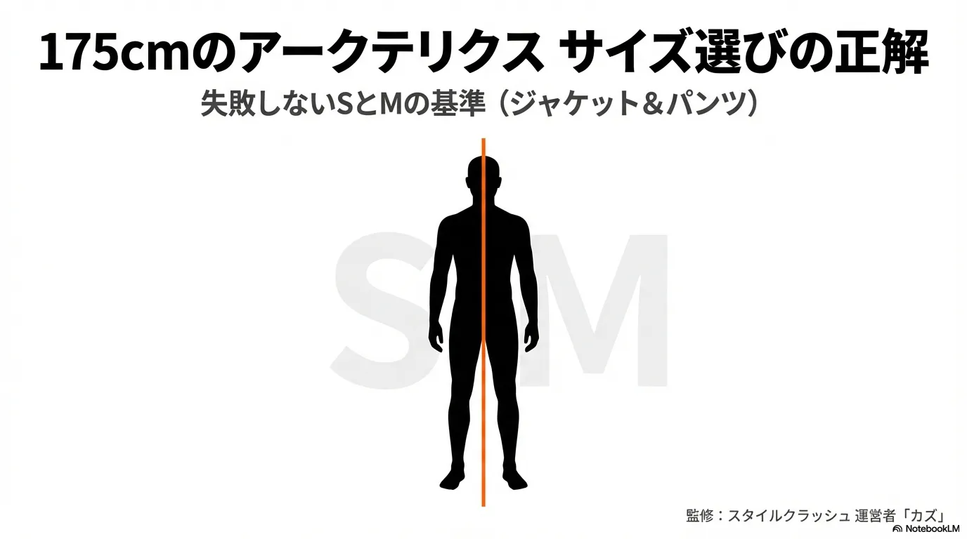 175cmの男性シルエットと、アークテリクスのジャケット・パンツにおけるSサイズとMサイズの選び方を解説するタイトルスライド