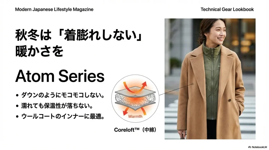 濡れても保温性が落ちない独自中綿コアロフトの構造図と、アトムシリーズのメリット。