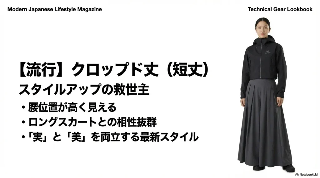 腰位置が高く見え、ロングスカートとも相性が良い最新の短丈（クロップド）スタイルの着用イメージ。