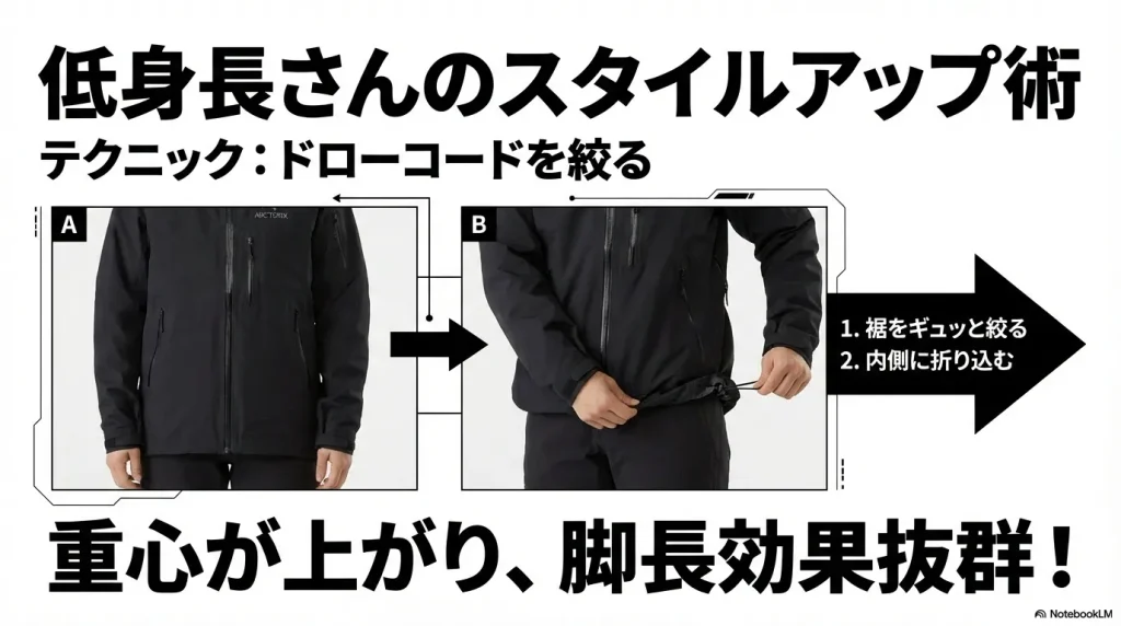 ジャケットの裾を絞って内側に折り込むことで脚長効果を出す、ドローコード活用のビフォーアフター画像。