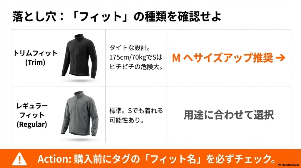 アークテリクス独自の「トリムフィット」と「レギュラーフィット」の設計の違いと、175cm/70kgの人がサイズ選びで注意すべき点の解説