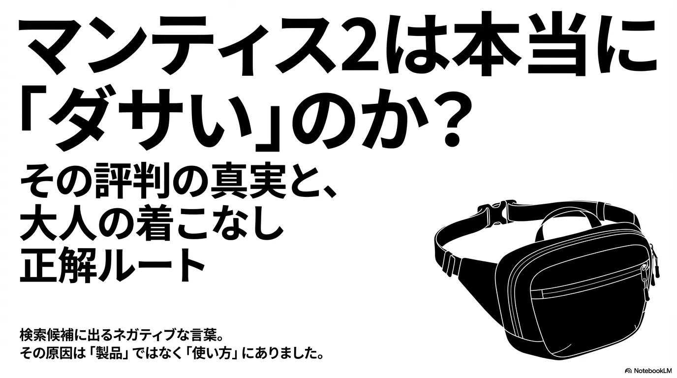 アークテリクスのウエストバッグ「マンティス2」のイラストと、ダサいという評判の真実を探るタイトルのスライド画像。
