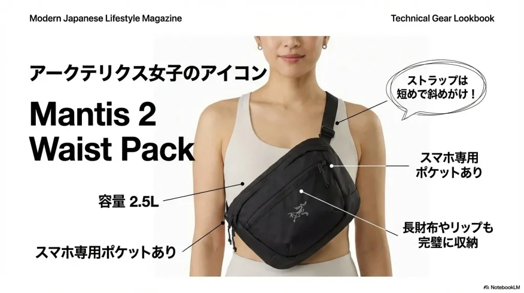 容量2.5Lでスマホ専用ポケットを備えた人気バッグ、Mantis 2の特徴をまとめたスライド。