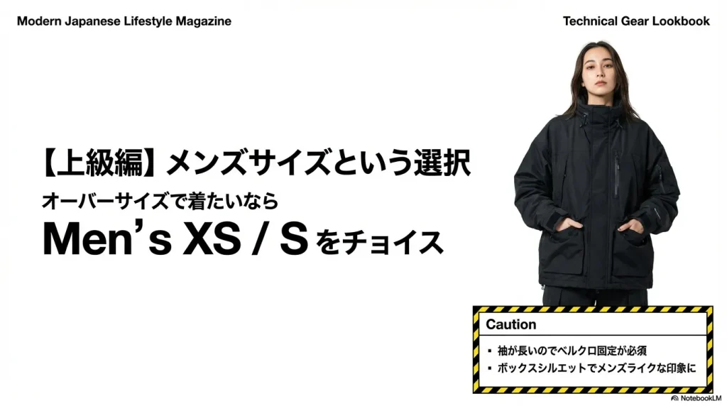 あえてメンズXS/Sを選ぶ際、袖のベルクロ固定が必要なことやボックスシルエットの特徴を説明した画像。
