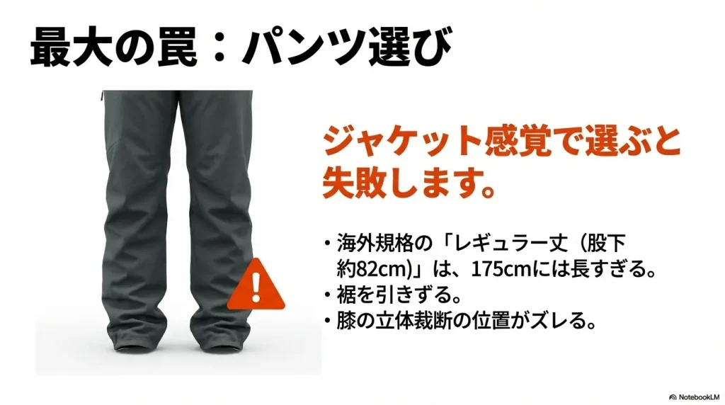海外規格のレギュラー丈（股下82cm）を175cmの人が履くと、裾を引きずりシルエットが崩れることを示す警告イメージ