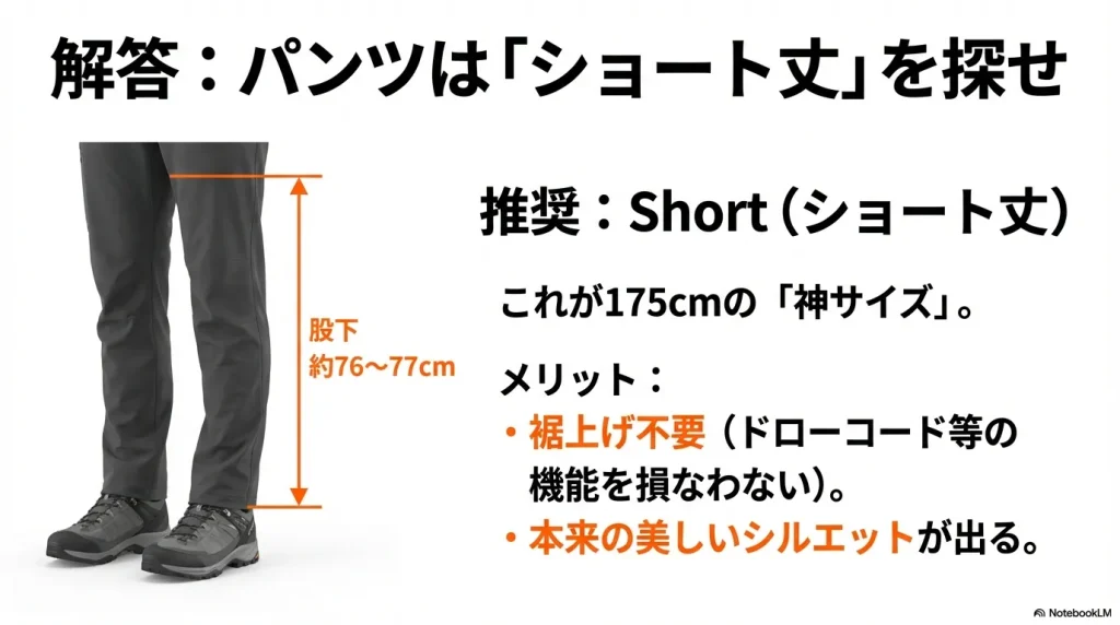175cmの人にジャストな股下76-77cmのショート丈（Short）パンツが、裾上げ不要で美しいシルエットを出せることを説明する図