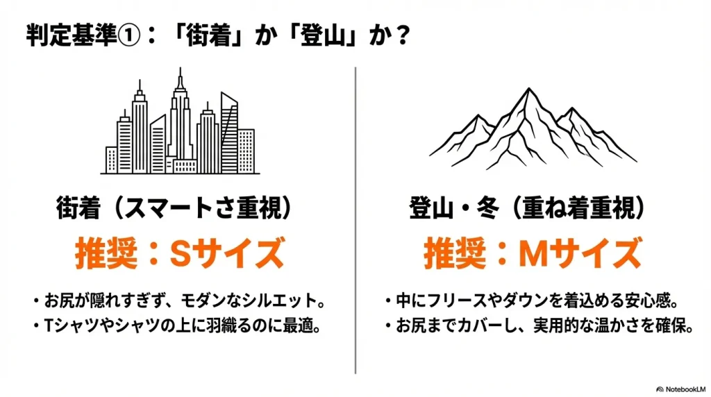 175cmのユーザーに向けた、街着（スマートさ重視・S推奨）と登山（重ね着重視・M推奨）のシルエットと機能の違いを比較した図