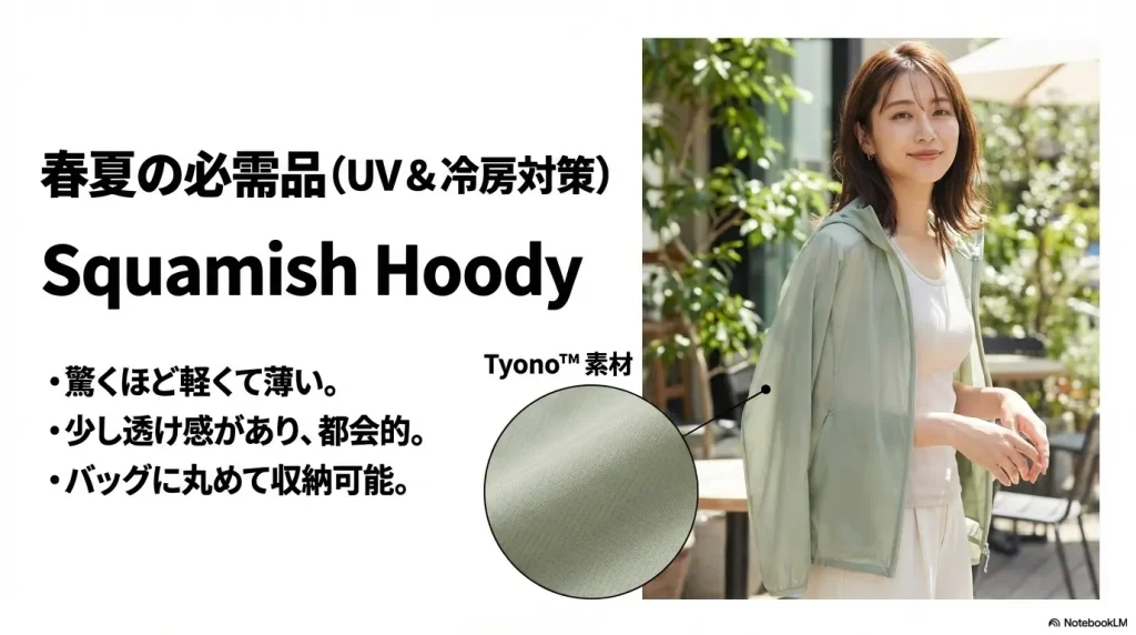 驚くほど軽く透け感のあるTyono素材を採用した、スコーミッシュフーディの着用イメージと特徴。