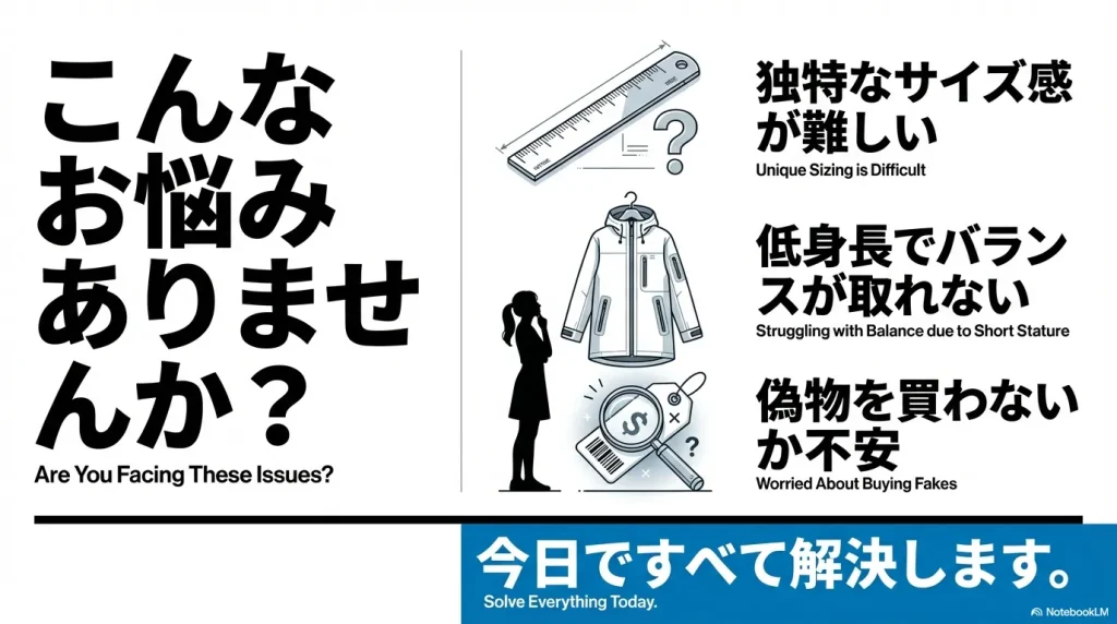 独特なサイズ感、低身長のバランス、偽物への不安など、アークテリクス選びの悩みをまとめたイラスト。