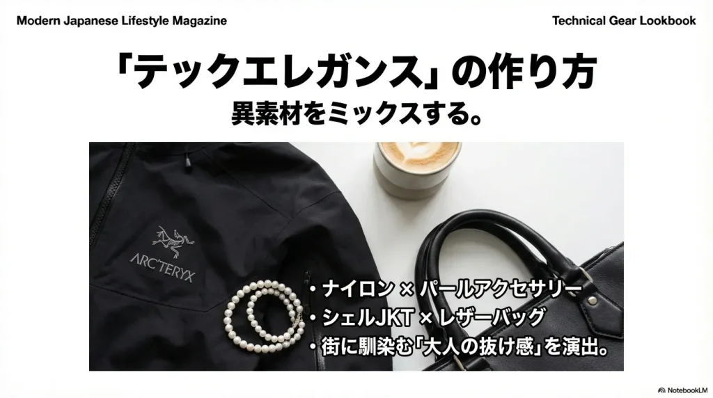 ナイロンシェルにパールアクセサリーやレザーバッグを合わせ、都会的な抜け感を出すスタイリング例。