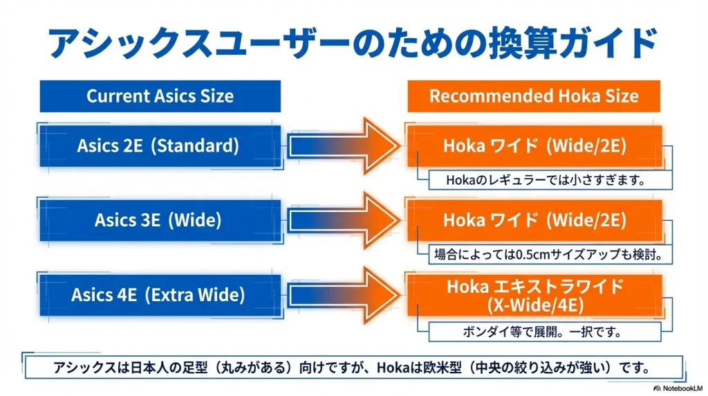 アシックスの2E/3E/4Eサイズを使用している人が、ホカオネオネでどのワイズを選ぶべきかをまとめた対応表。