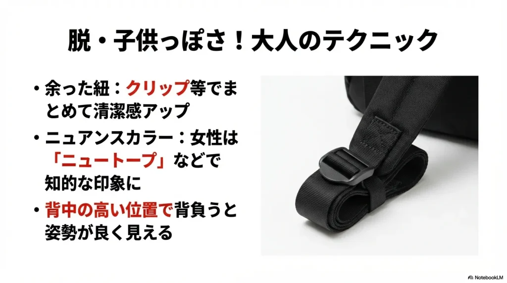 余った紐をクリップでまとめ、背中の高い位置で背負う大人の着こなしテクニック