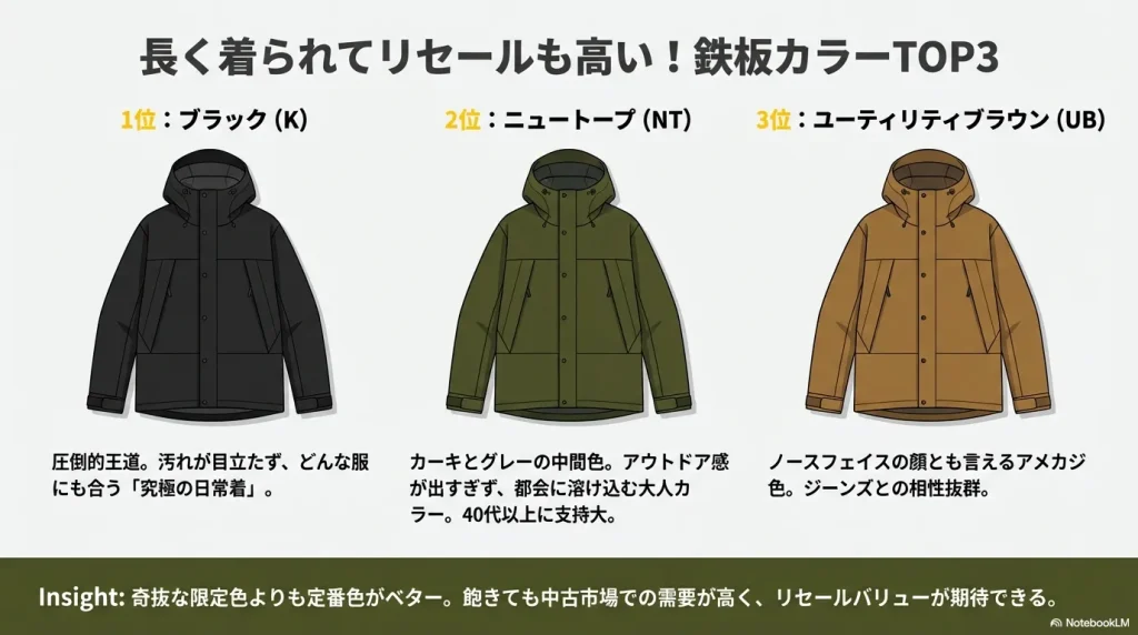 人気1位のブラック、2位のニュートープ、3位のユーティリティブラウンの製品画像と特徴のまとめ。