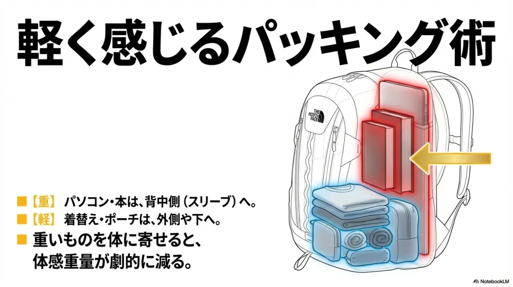 PCや本を背中側、軽いものを外側や下に配置して体感重量を減らすパッキング方法の図解