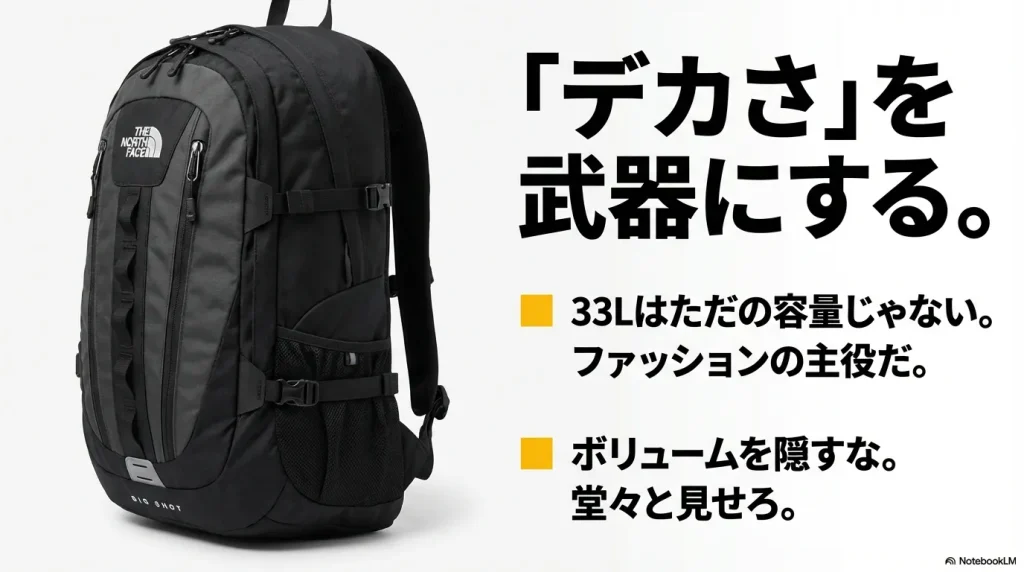 「デカさ」を武器にする、33Lはファッションの主役であるというメッセージとバッグの画像