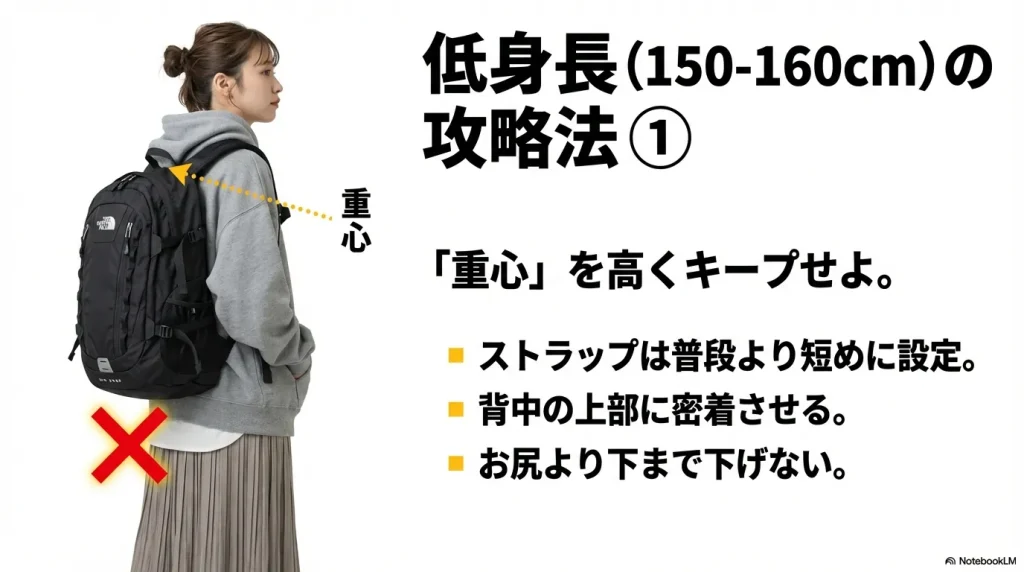 ストラップを短めに設定し、バッグをお尻より下に下げないことで重心を高く保つ方法の図解