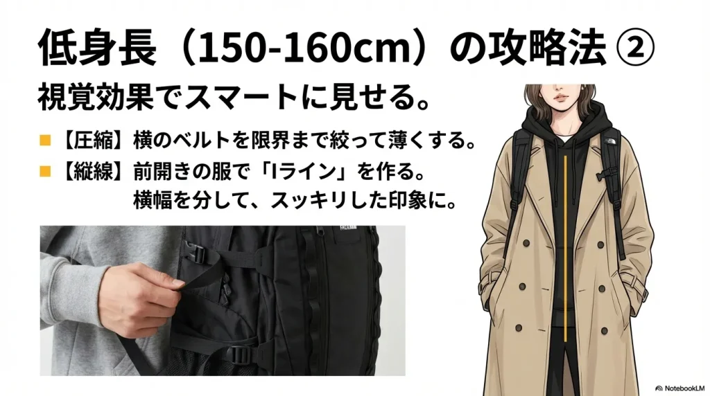 横のベルトを絞って厚みを抑え、前開きの服で「Iライン」を作る視覚効果の解説図