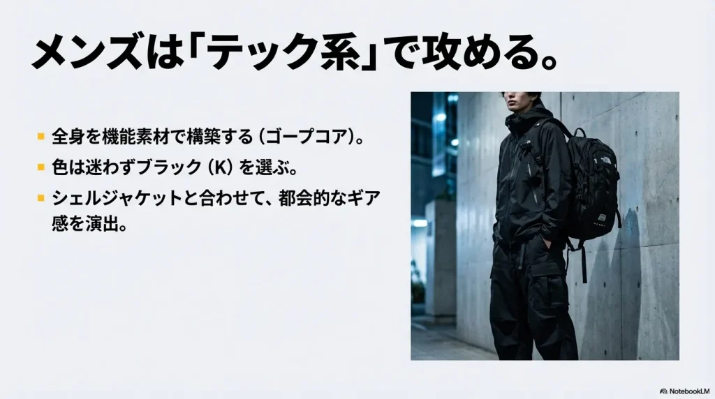 ブラックのシェルジャケットと合わせ、都会的なギア感を演出するメンズのゴープコアスタイルの例