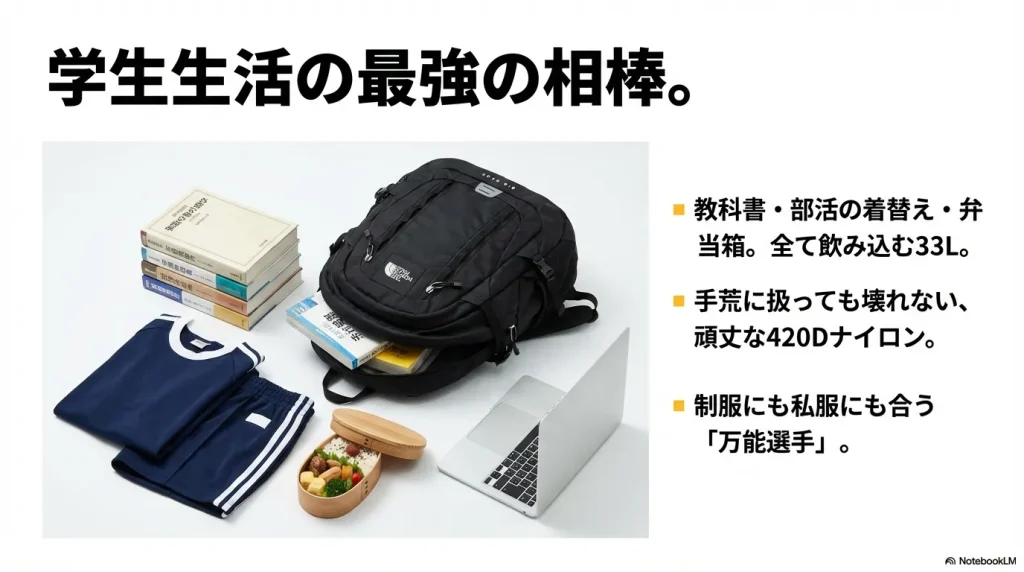 教科書、部活の着替え、お弁当、PCなど、学生の荷物を全て収納できる33Lの容量を示すイメージ画像
