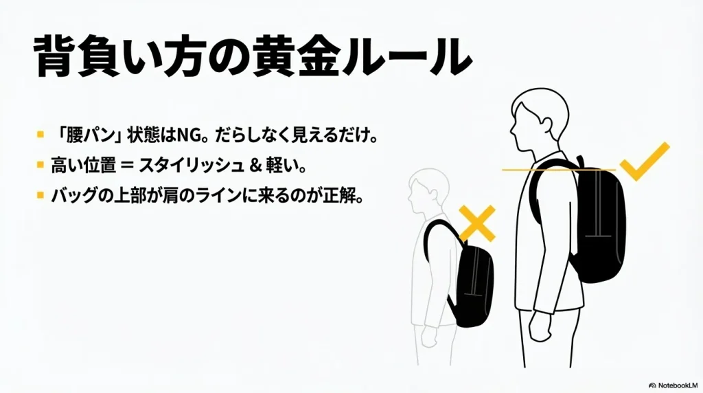 バッグの上部が肩のラインに来る高い位置での背負い方と、NGな「腰パン」状態の比較図
