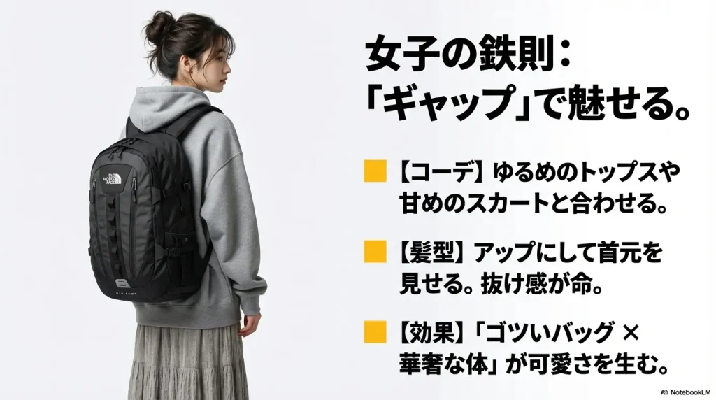 甘めのスカートやゆるめのトップスとの合わせ、アップの髪型による抜け感など、女性向けのコーデ術の解説