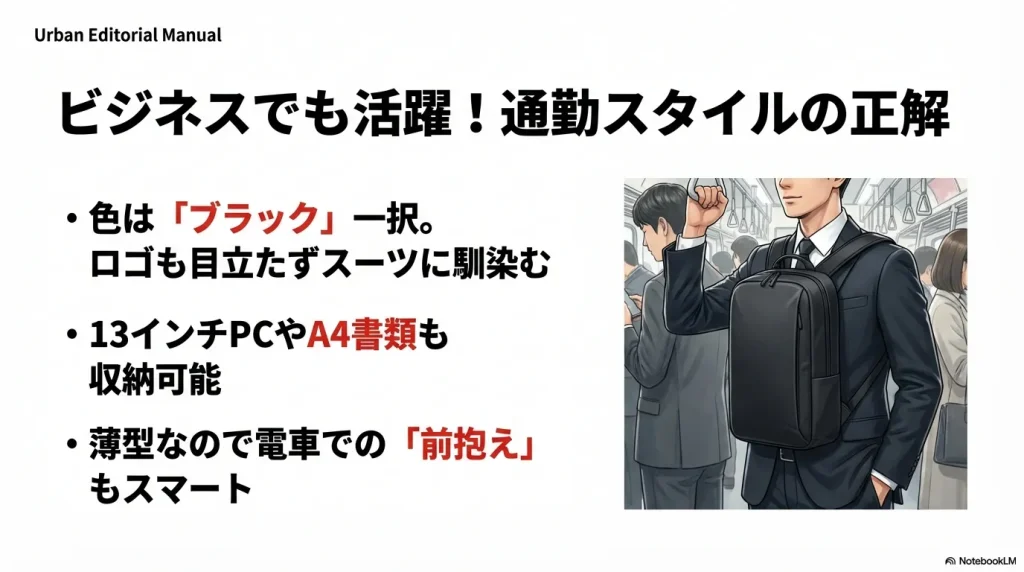 通勤電車で前抱えしてもスマートな、スーツに馴染むブラックのシングルショットの活用例