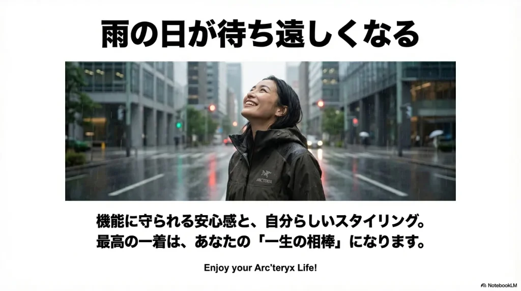 雨の街でアークテリクスを着用して微笑む女性の画像と、「一生の相棒」というメッセージ。