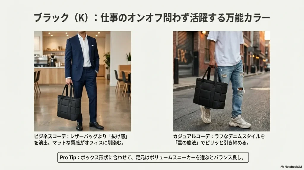 ビジネスのセットアップやカジュアルなデニムスタイルに馴染むブラックカラーの活用例。