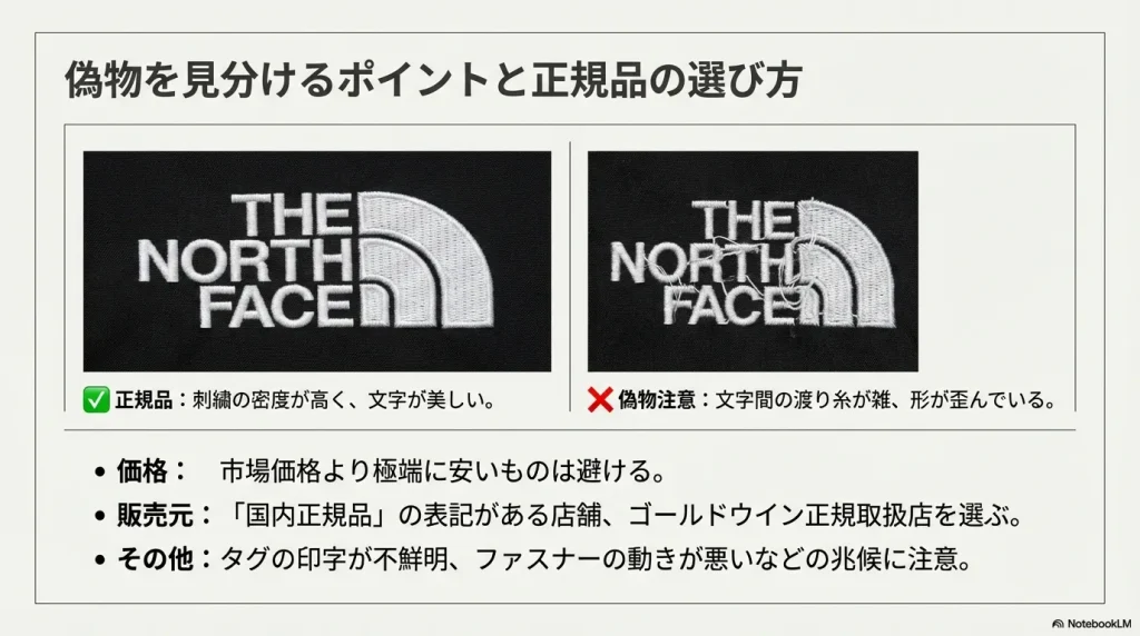 正規品と偽物のロゴ刺繍の密度の違いや、ゴールドウイン正規取扱店を選ぶ重要性の解説。