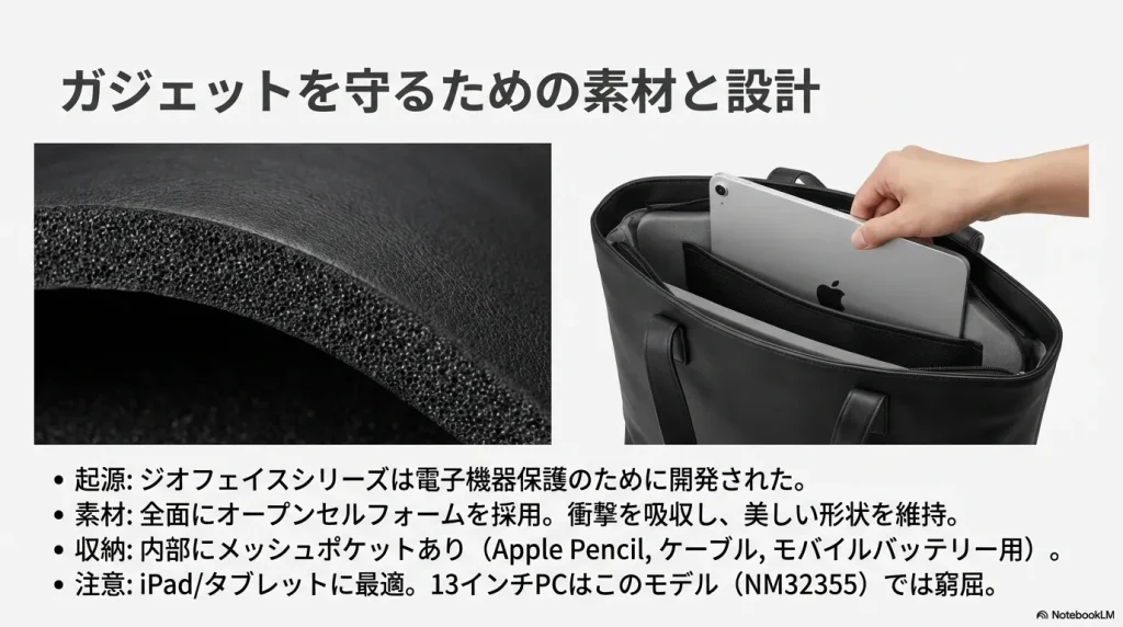 衝撃を吸収するオープンセルフォーム素材と、iPadや周辺機器を整理できる内部メッシュポケットの紹介。