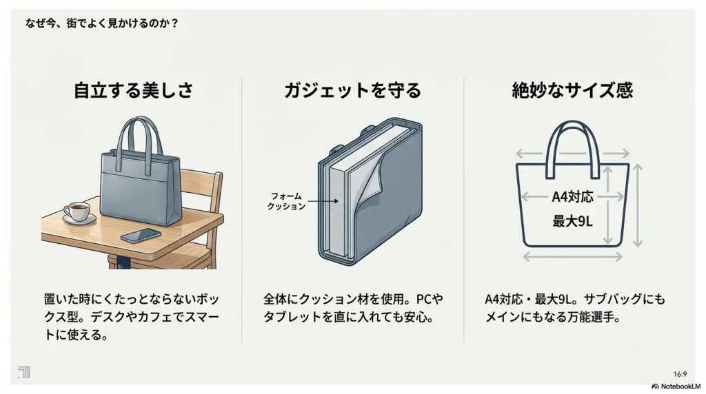 自立する形状やクッション性、A4対応サイズなどの特徴をまとめたイラスト