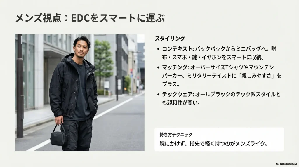 財布やスマホなどのEDC（必需品）をスマートに運び、テックウェアとも親和性が高いメンズの持ち方提案。