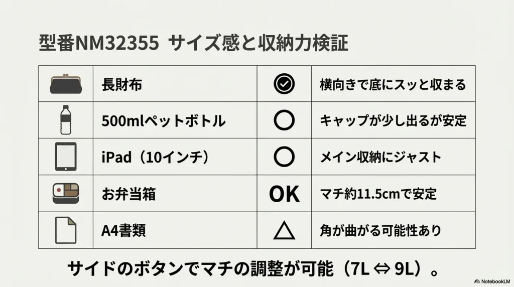 長財布、iPad、500mlペットボトル、お弁当箱などが収まるサイズ感とサイドボタンによるマチ調整の解説。
