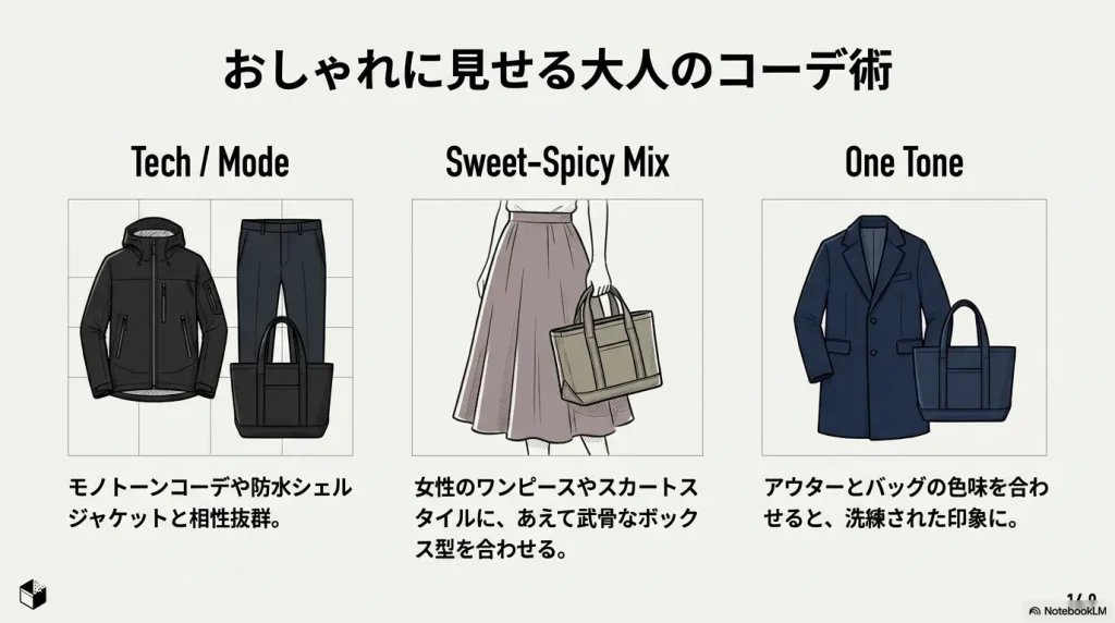 テック系、甘辛ミックス、ワントーンなどのファッショナブルな着こなし提案