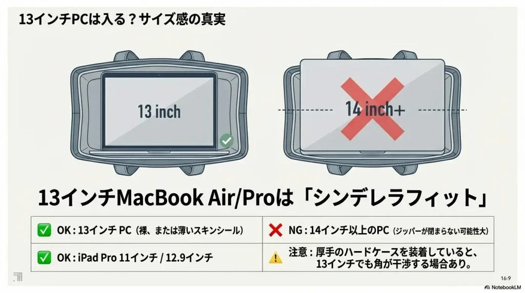 13インチPCは入るが14インチ以上は厳しいことを示すサイズ比較図