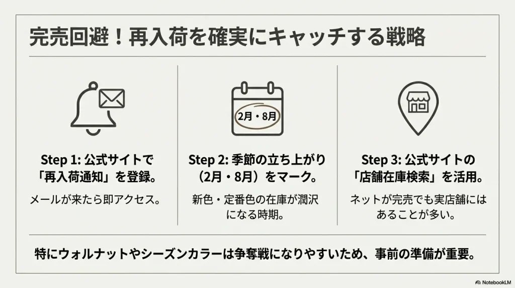 公式サイトの再入荷通知登録や、2月・8月の季節の立ち上がりを狙う完売回避の3ステップ戦略。