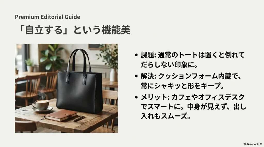 クッションフォーム内蔵で形をキープし、カフェやオフィスでスマートに自立するトートバッグのメリット。