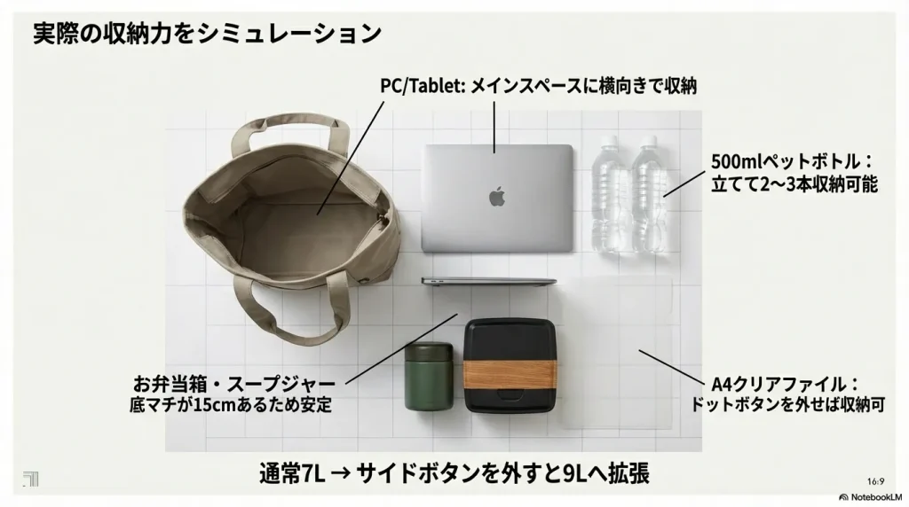 PC、お弁当、ペットボトル、A4ファイルを入れた時の収納イメージ画像