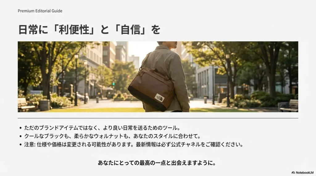 自分らしいスタイルに合わせて選べるブラックとウォルナットの紹介と、最新情報の確認を促すまとめ。